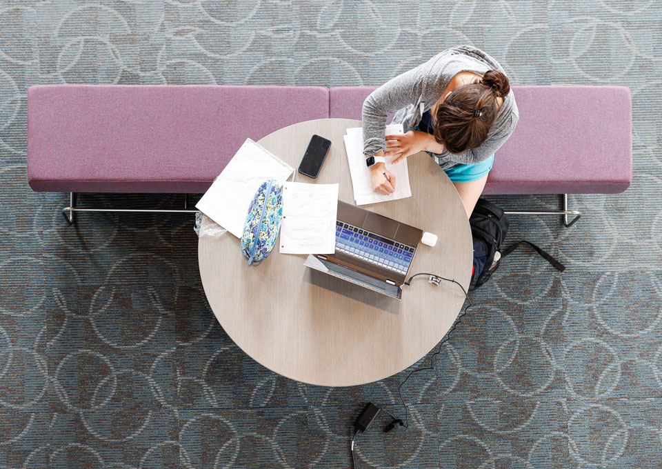 A student studies in Pius XII Memorial Library 