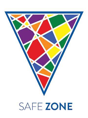 Logo of an upside down triangle filled with a variety of shapes in different colors, resembling stained glass, with the words Safe Zone beneath.