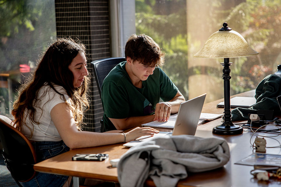 Two students study at a table in the library.