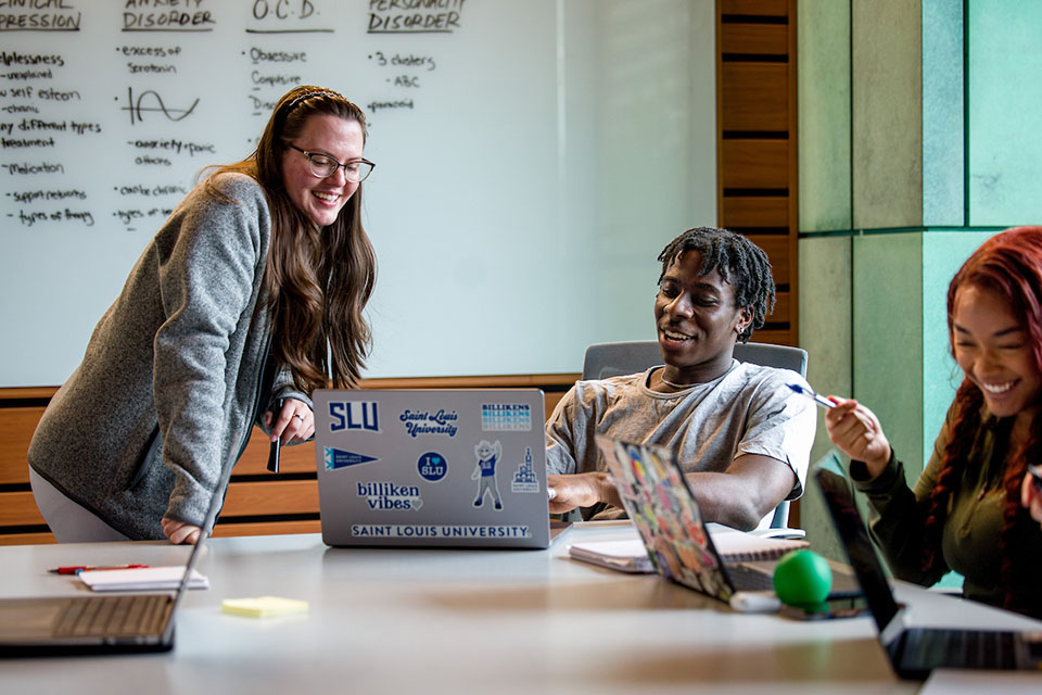 Students participate in a study group in the Interdisciplinary Science and Engineering building.