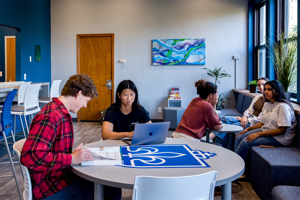 A group of students studying and decompressing in the wellness space