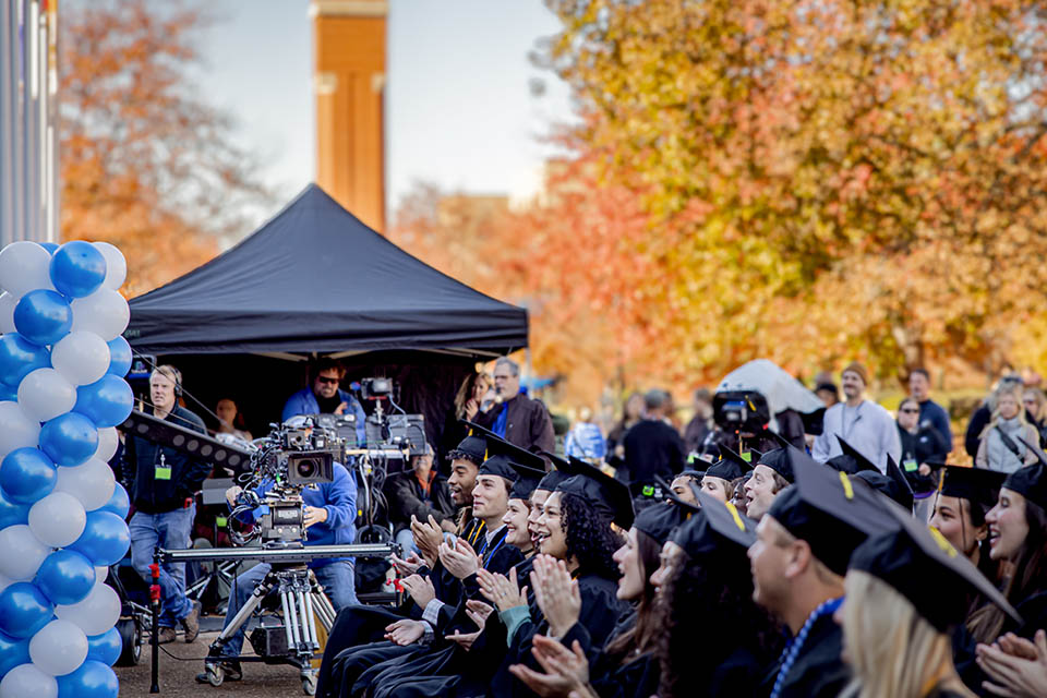 The commencement scene of “On Fire,” a movie based on alum John O’Leary’s life, in filmed outside of the Center for Global Citizenship on Thursday, Nov. 10. Photo by Sarah Conroy. 