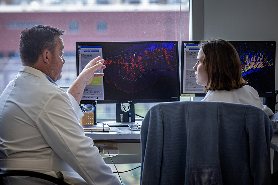 Two researchers sitting in a laboratory discuss images on a computer screen.