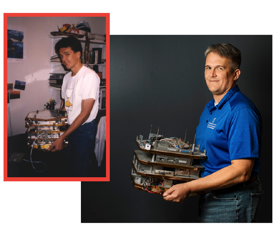 A divided image where one shows a younger man standing in a dorm room, holding a piece of equipment, while the other shows a professor holding the same piece of equipment.