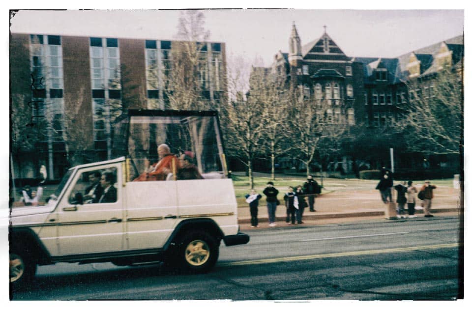 The Pope is driven down Lindell Avenue in the Popemobile