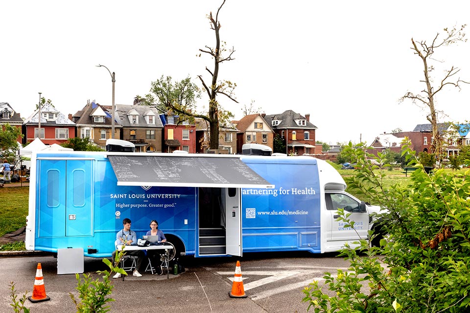 SLU's mobile health clinic in St. Louis' Fountain Park neighborhood after the May 2025 tornado